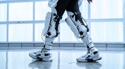 A person walking with a robotic exoskeleton suit assisting in rehabilitation and mobility 