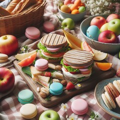 Close-up of a rustic Easter picnic spread on a checkered blanket, featuring homemade sandwiches, fresh fruits, and pastel-colored macarons Cozy and inviting Perfect for Easter picnic-themed designs 