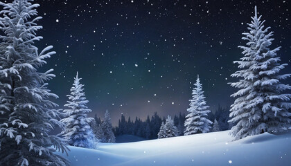 christmas night background with fir trees and snowflakes