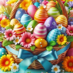 Close-up of a vibrant Easter basket filled with colorful eggs and spring flowers Joyful and festive Perfect for Easter-themed designs 