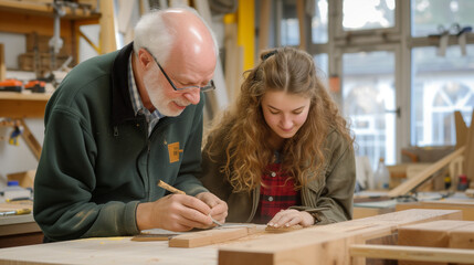 Senior Carpenter Teaches Young Girl Woodworking in Workshop