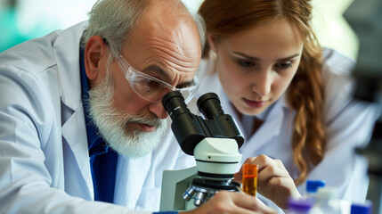 Senior Scientist Guides Intern Examining Microscope Specimens