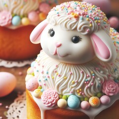 Close-up of a traditional Easter lamb cake decorated with icing and pastel-colored sprinkles Sweet and delightful Perfect for Easter dessert-themed designs 