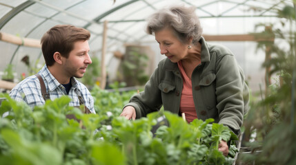 Senior Woman Teaching Young Student Organic Farming in Greenhouse