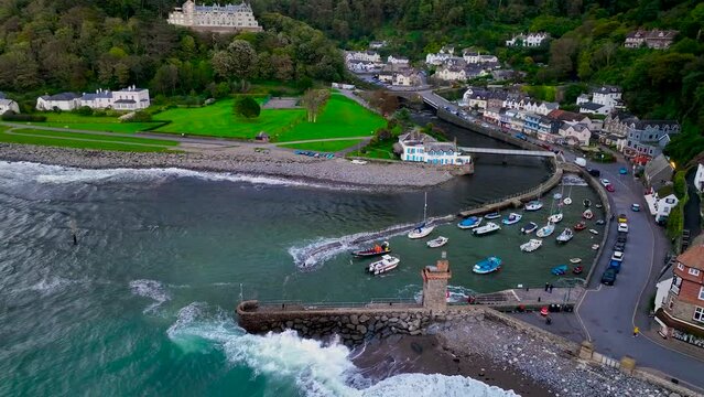 Aerial view of Lynmouth, a small village on the Exmoor coast in the North Devon district in the county of Devon, England, UK