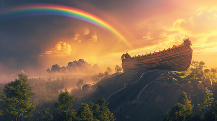 Noahs Ark Boat Rests on Green Hillside with Rainbow in Sky - obrazy, fototapety, plakaty