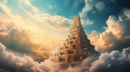 Symbolic Tower of Babel Reaching Towards Cloud-Filled Sky
