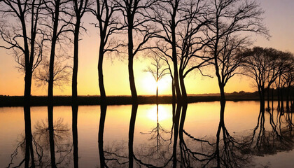 Shadowy Trees at Dusk with Calm Waters - Evening Illustration of Serene Landscape, Trees Casting Shadows in Twilight, Stunning Sunset Reflections on Water