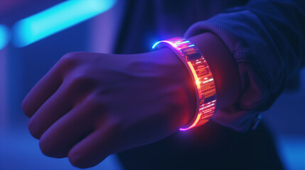 A wearable tech bracelet on a human wrist glowing with notifications and health monitoring data 