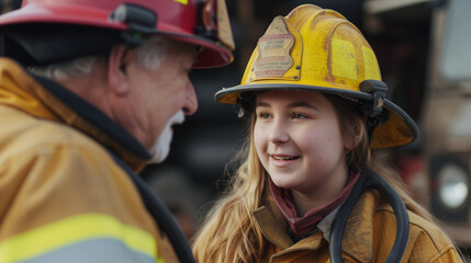 Fototapeta premium Little Girl in Firemans Helmet Talks to Older Man