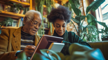 Fototapeta premium Older Man and Young Woman Engaged in Tablet Learning