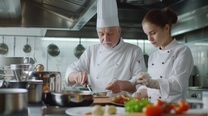 Older Male Chef Teaching Young Female Apprentice in Kitchen