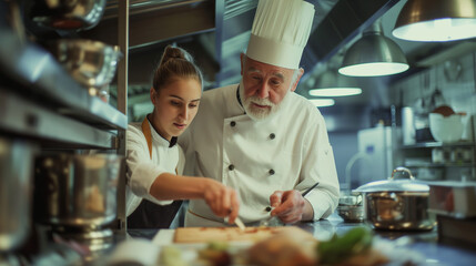 Elderly Chef Teaches Young Apprentice in Kitchen