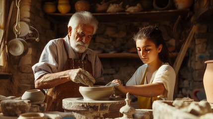 Elderly Potter and Young Girl Creating Pottery Together