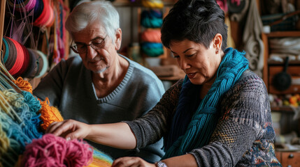 Elderly Woman Teaching Young Man Traditional Weaving Techniques