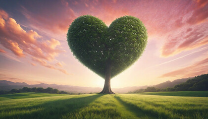 Heart shape tree on spring meadow Valentines Day love - obrazy, fototapety, plakaty