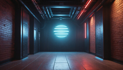 Empty futuristic club background with neon light and grunge brick walls