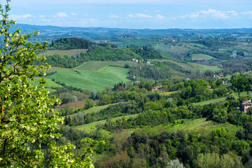 Fototapeta na wymiar Panoramic beautiful rural landscape of Toscana. Green fields and meadows, countryside in Italy