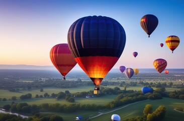 Beautiful hot air balloons flying over sky with sunset view