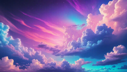 Vibrant Sky with Neon Clouds and Colorful Purple and Blue Banner