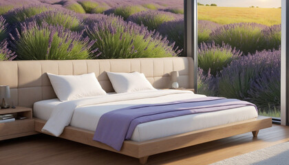Comfortable bed in a room filled with spring lavender