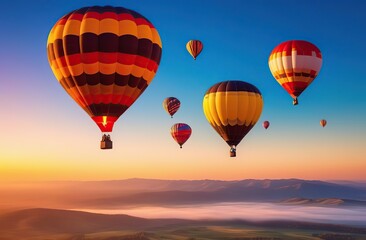 Fototapeta premium Beautiful hot air balloons flying over sky with sunset view