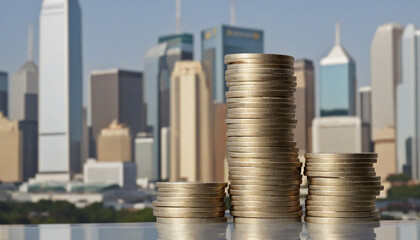 Cityscape with a pile of coins