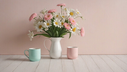 Floral and cup patterns on pastel wall background