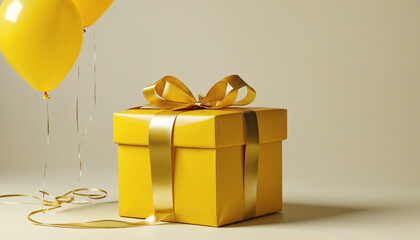 Bright yellow gift box and balloon on sunny yellow backdrop