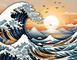 Traditionell japanische Zeichnung einer Welle mit Sonne