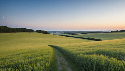 Obraz premium Scenic Summer Countryside with Sunrise, Lush Hills, and Clear Sky.