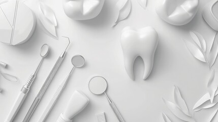 White healthy tooth, different tools for dental care. Dental background - obrazy, fototapety, plakaty