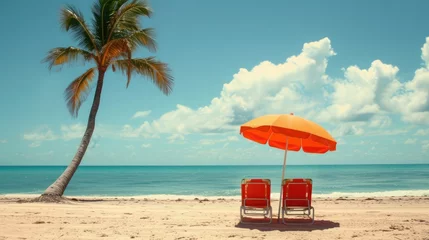 Crédence de cuisine en verre imprimé Plage de Camps Bay, Le Cap, Afrique du Sud Chairs And Umbrella In Palm Beach - Tropical Holiday Banner