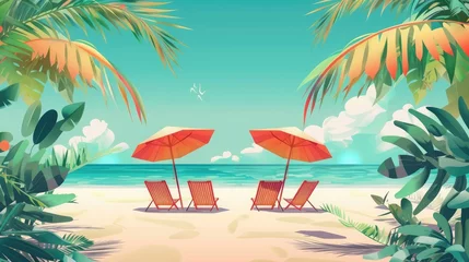 Papier Peint photo autocollant Plage de Camps Bay, Le Cap, Afrique du Sud Chairs And Umbrella In Palm Beach - Tropical Holiday Banner
