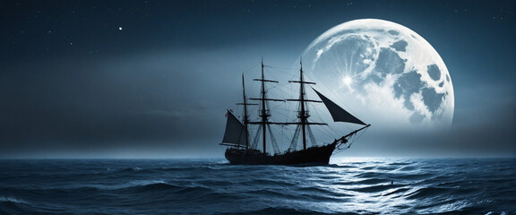 Mysterious Moonlit Night with Ship Silhouette in Misty Blue Ocean - A Magical Seascape Bathed in Moonlight, Sparking Wonder and Amazement.
