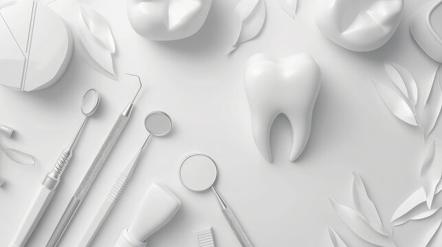 White healthy tooth, different tools for dental care. Dental background