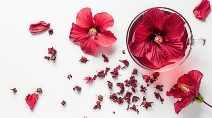 Hibiscus tea, flower and dry blossom isolated on white background - obrazy, fototapety, plakaty