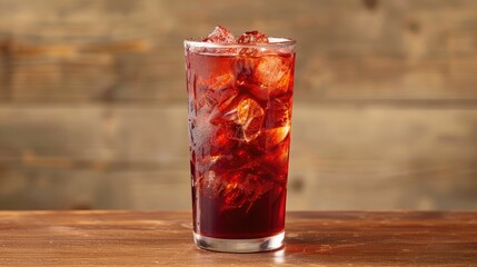 Iced hibiscus tea also known as Flor de Jamaica on wooden table against plain background