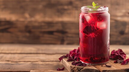 Iced hibiscus tea also known as Flor de Jamaica on wooden table against plain background