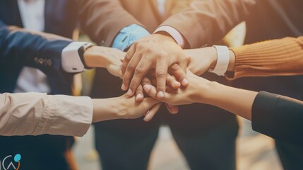 Panoramic teamwork business join hand together concept, Business team standing hands together, Volunteer charity work. People joining for cooperation success business.