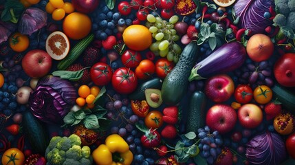 Panoramic wide organic food background concept with full frame pile of fresh vegetables and fruits mix forming bright colorful image - Powered by Adobe