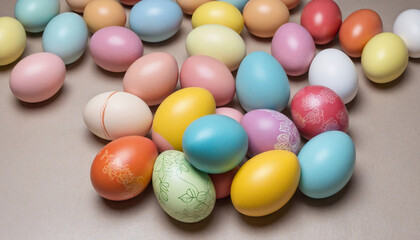 Fototapeta na wymiar Easter-themed backdrop featuring vibrant, decorated chicken eggs.