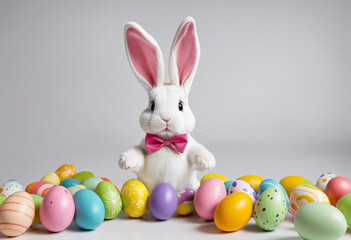 Fototapeta na wymiar Easter Bunny stands out among colorful eggs on bright backdrop