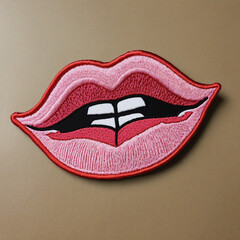 Pink lips embroidered patch badge on clear background - PNG, automated design