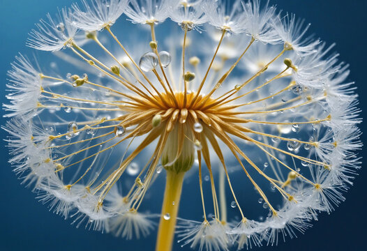 Golden dew drops on dandelion seed with blue background, Generative AI