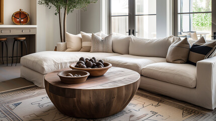 Sophisticated living room with L-shaped sofa, round wooden table, and patterned area rug