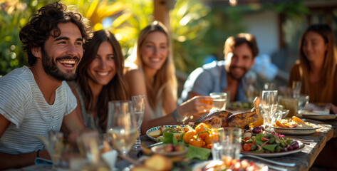 Produce a high-resolution photograph of a diverse group of friends enjoying a potluck dinner, sharing food and laughter in a backyard setting High-resolution photograph clean sharp focus. - obrazy, fototapety, plakaty