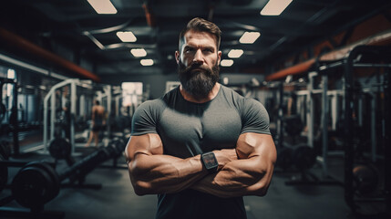 Plakat Male bodybuilder in a gym standing with crossed arms, looking at camera