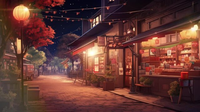 Animated illustration of a shop at night with a calm atmosphere and bright lights. Cartoon or digital painting style illustration. 4k loop animation background.