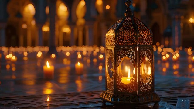 Lantern with candle light in mosque. Ramadan Kareem background